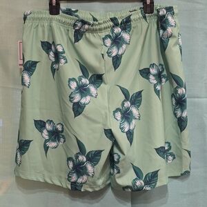 5B Style Swim Trunks Mesh Lined L Green w/Hibiscus Flowers Pattern NWT